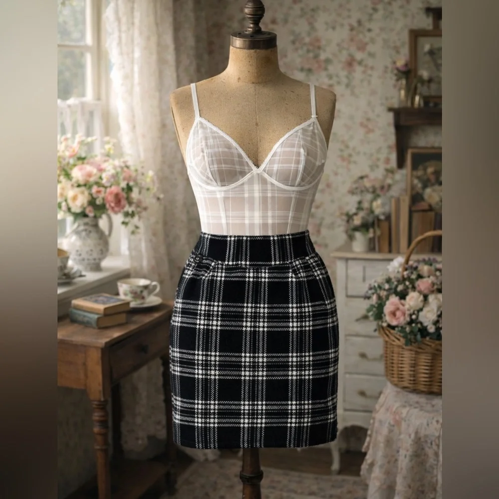 Black & White Wool Plaid Mini Skirt - Picture 1 of 5